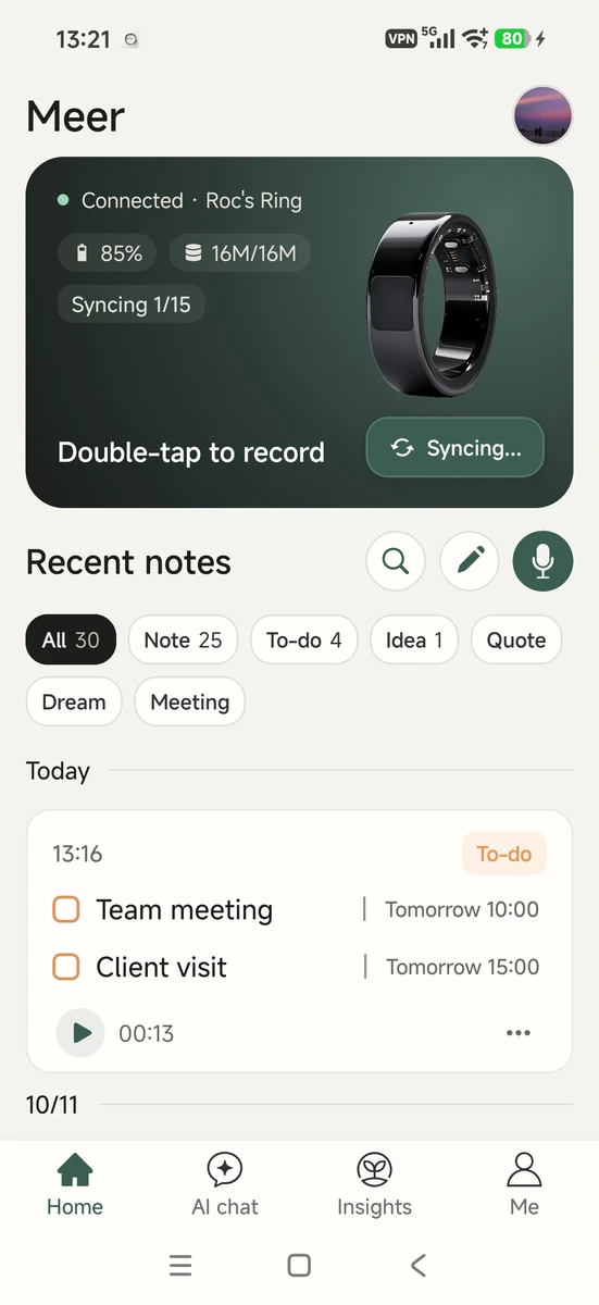 Kongling app home screen with ring status and categorized records